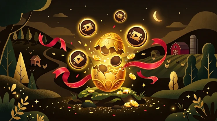 Gouden welkomstei met munten, free spins-iconen en cadeaulint op donkere achtergrond