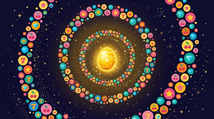 Free spins visualisatie: spiraal van symbolen rond een gouden ei met gouden gloed