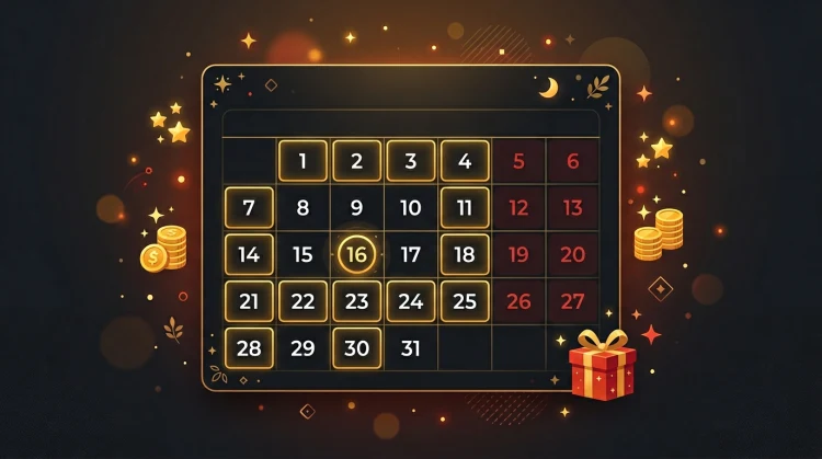 Kalender met gouden highlights en wekelijkse bonus-iconen: munten, cadeau en sterren