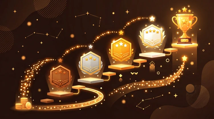 Loyaliteitsniveaus met badges, sterren en punten die naar een trofee stromen