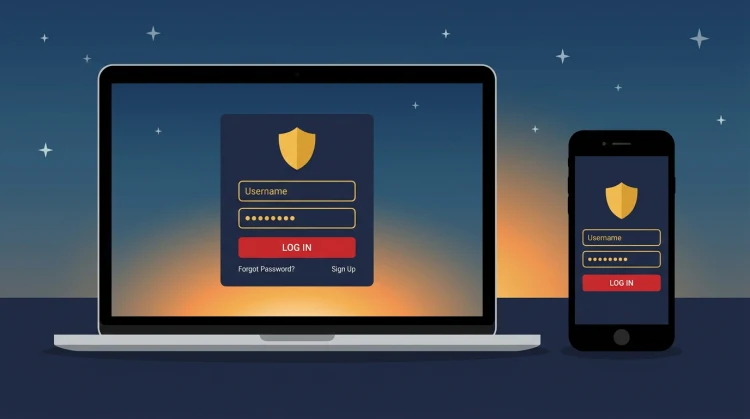 Gestileerd inlogscherm op laptop en smartphone met donkere interface en goudrode accenten