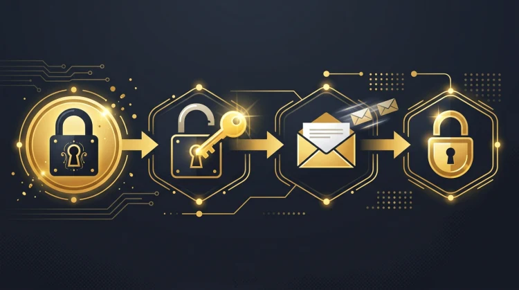 Stappenplan wachtwoordherstel: slot, sleutel, e-mail en nieuw slot in horizontale flow