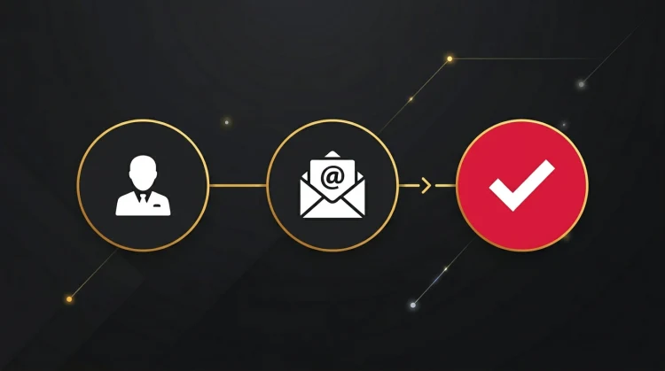 Drie stappen registratie: persoon, e-mail en bevestiging verbonden door een gouden lijn