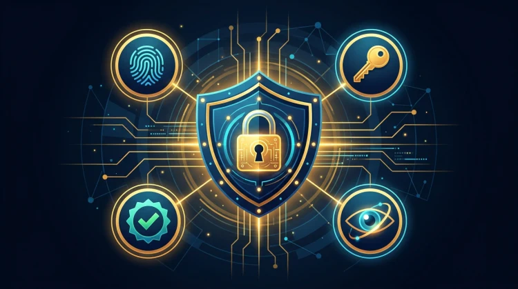 Accountbeveiliging: schild met slot en iconen voor biometrie, wachtwoord, verificatie en monitoring