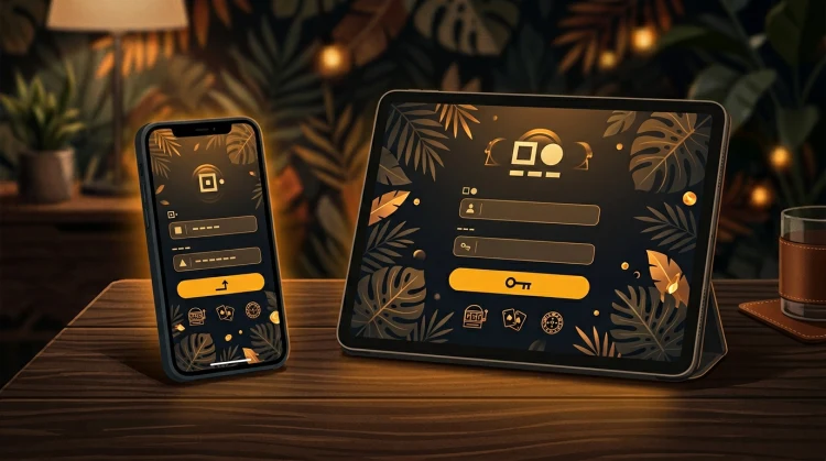 Mobiel inloggen op smartphone en tablet met gloeiend loginportaal en tropische accenten