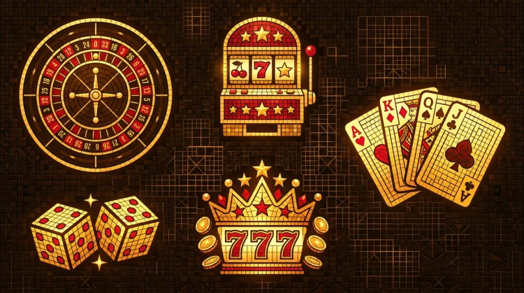Mozaïek van casinospeliconen: fruitautomaat, roulette, kaarten, dobbelstenen en jackpot op donkere achtergrond