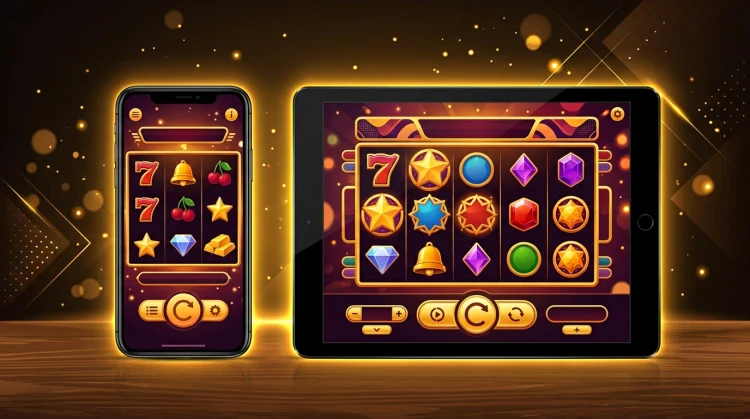 Smartphone en tablet met gestileerd casinospel op het scherm en gouden schermgloed