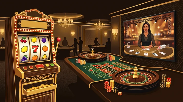 Panorama van casinospelen: fruitautomaat, roulette en live dealer-studio in één warme compositie