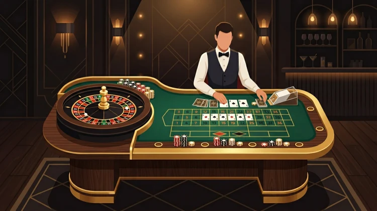 Live casinostudio met roulettewheel, kaarten en warme spotlights