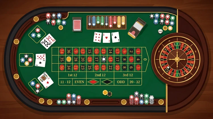 Bovenaanzicht speeltafel met groen vilt, kaarten, fiches en roulette aan de rand
