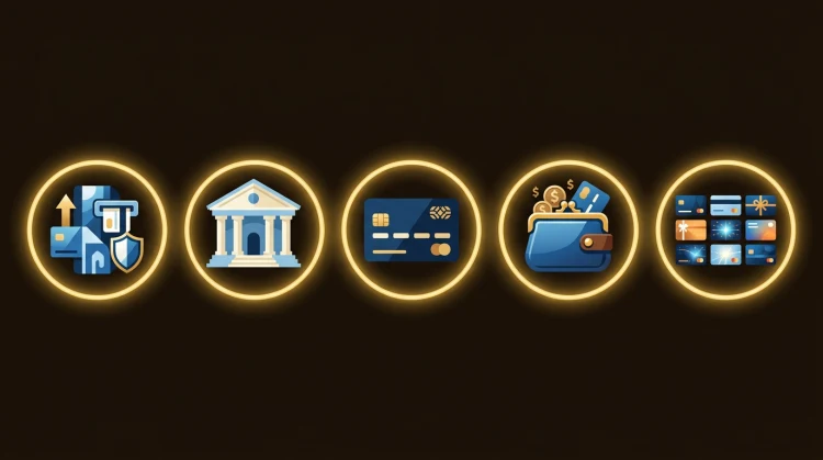 Rij gestileerde betaaliconen: bank, kaart, e-wallet en prepaid op donkere achtergrond met gouden gloed