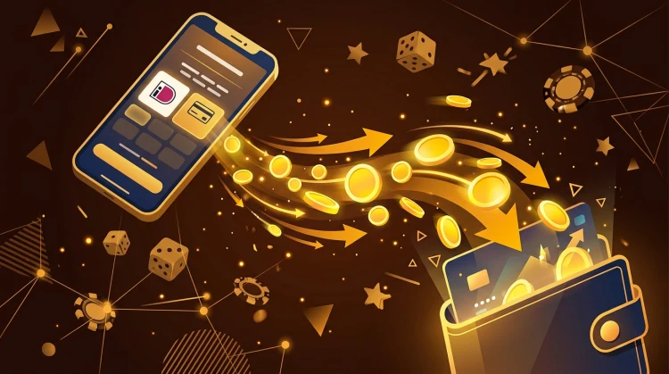 Stortingsflow: smartphone met stortscherm, munten naar digitale wallet en amber pijlen
