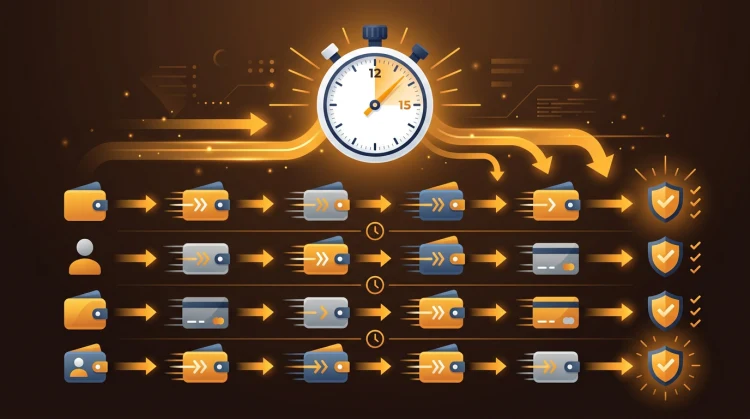 Verwerkingssnelheid: stopwatch boven betaaliconen met pijlen, professionele infographic