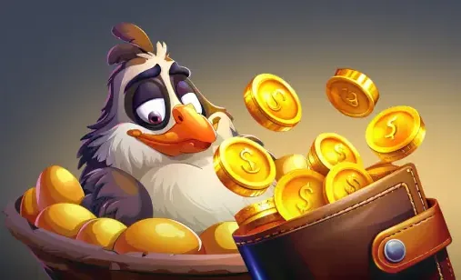Kokobet cashback: mascotte met portemonnee vol munten
